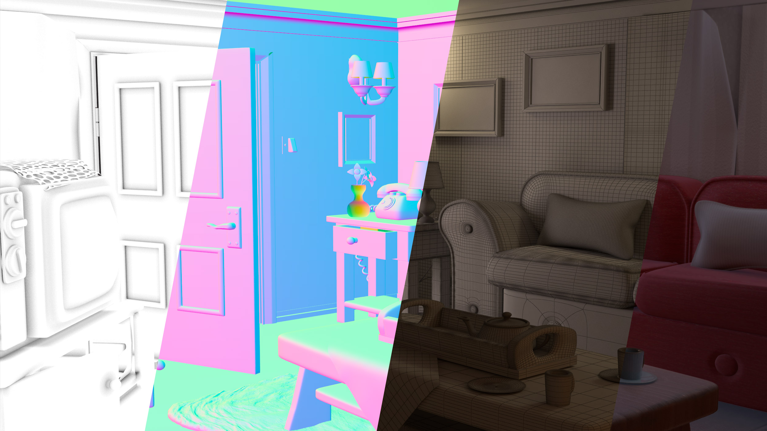 3D indoor scene render passes